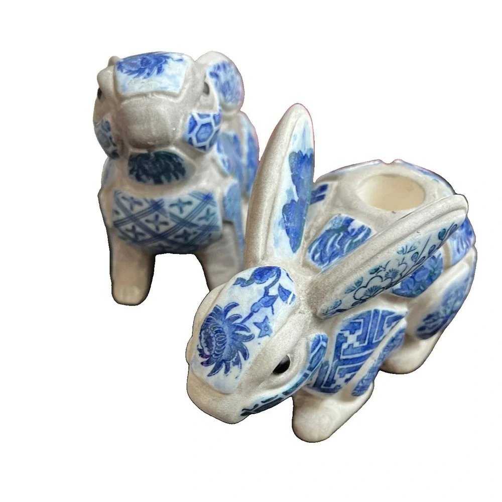 Nancy Lopez Vintage Blue Mosaic Rabbit/ Bunny Candleholder Set 1980 EUC